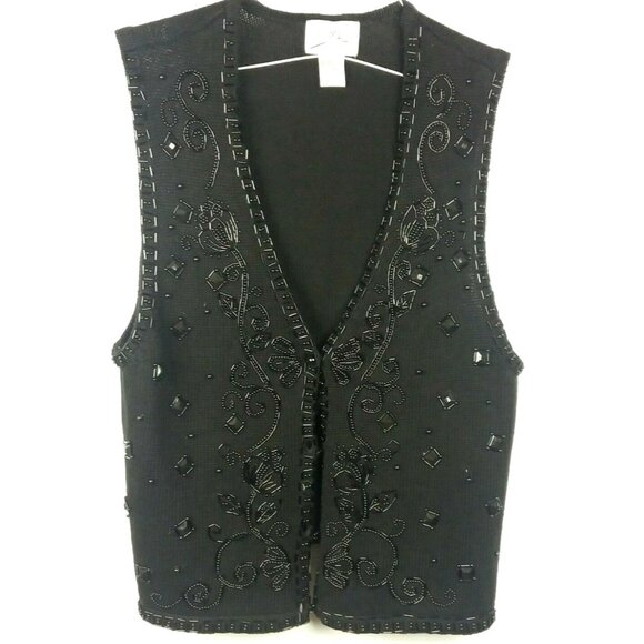 Festive Black Beaded Holiday Knit Vest Size Large Button Front Vintage - Picture 3 of 9